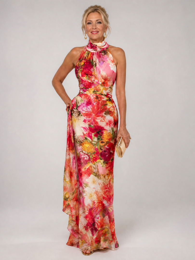 Elisabetta | Abito Maxi con Stampa Floreale e Collo All'Americana