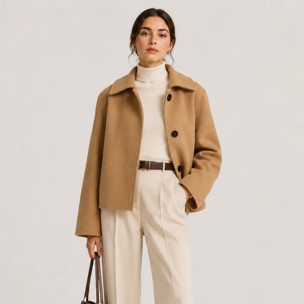 Women's button-front relaxed fit jacket in beige and black