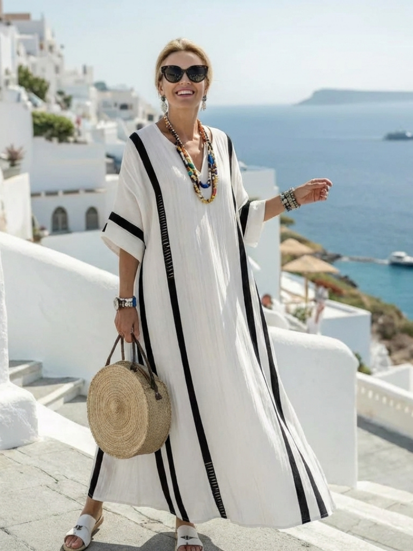 Elvienne | Vestito Maxi a Manica Corta a Righe in Blocchi di Colore