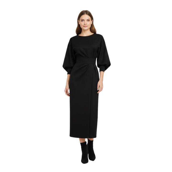 High-waisted A-line wrap midi dress with batwing kimono sleeves and waist tie
