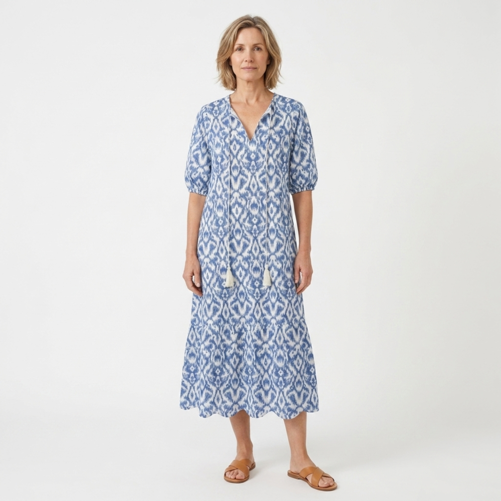 Women's boho cotton maxi kaftan dress with geometric print, tassel V-neck and scalloped hem