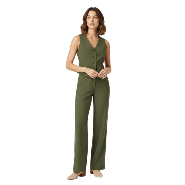Womens sleeveless V-neck waistcoat and high waist wide leg trouser two piece set
