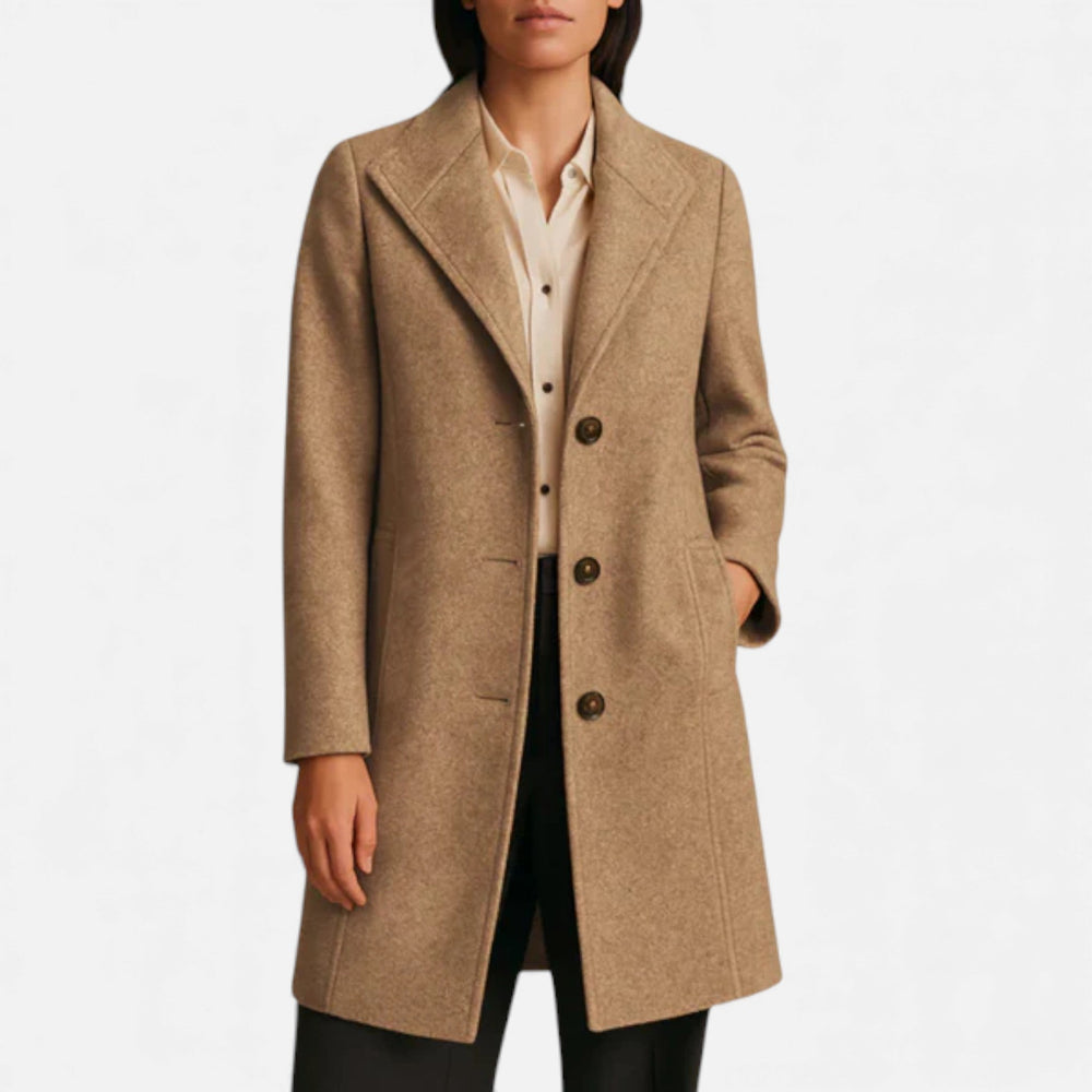 Women's mid-length tweed coat with tailored lapel and button front