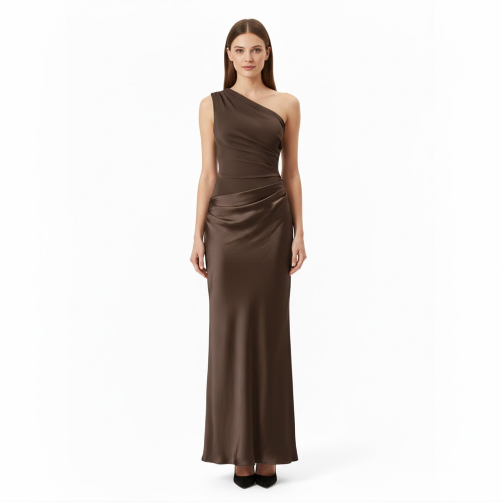 One-shoulder sleeveless satin patchwork maxi gown in a slim floor-length fit