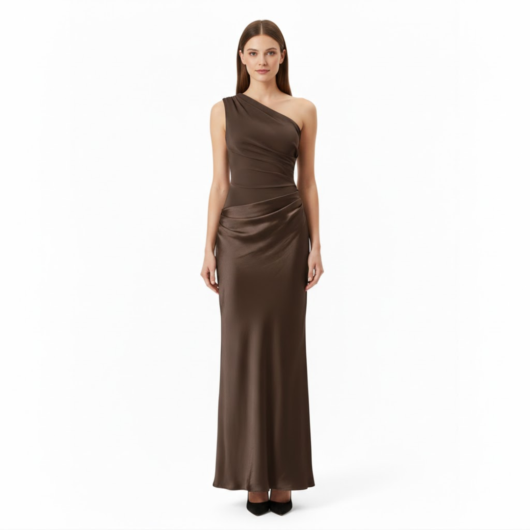 One-shoulder sleeveless satin patchwork maxi gown in a slim floor-length fit