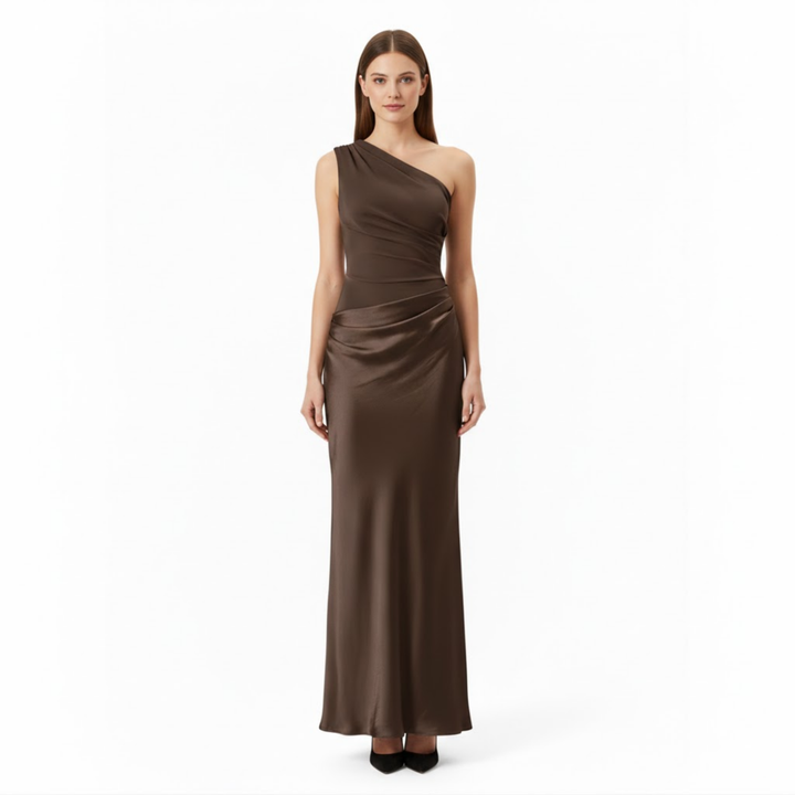 One-shoulder sleeveless satin patchwork maxi gown in a slim floor-length fit