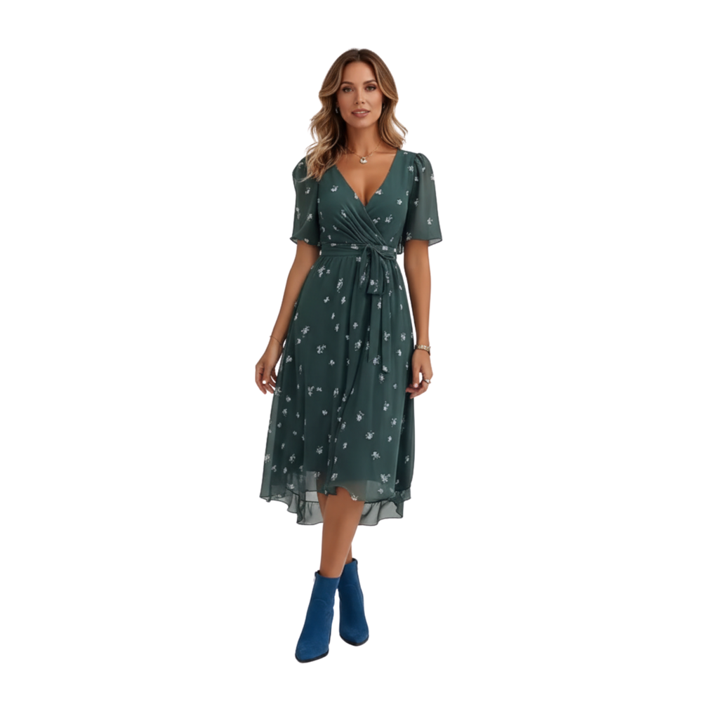 Women's V-neck short-sleeve printed A-line midi dress with a flowy drape