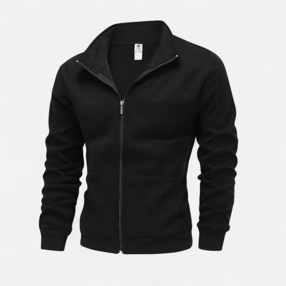 Men's high-neck zip-up jacket with ribbed collar and slant pockets in black