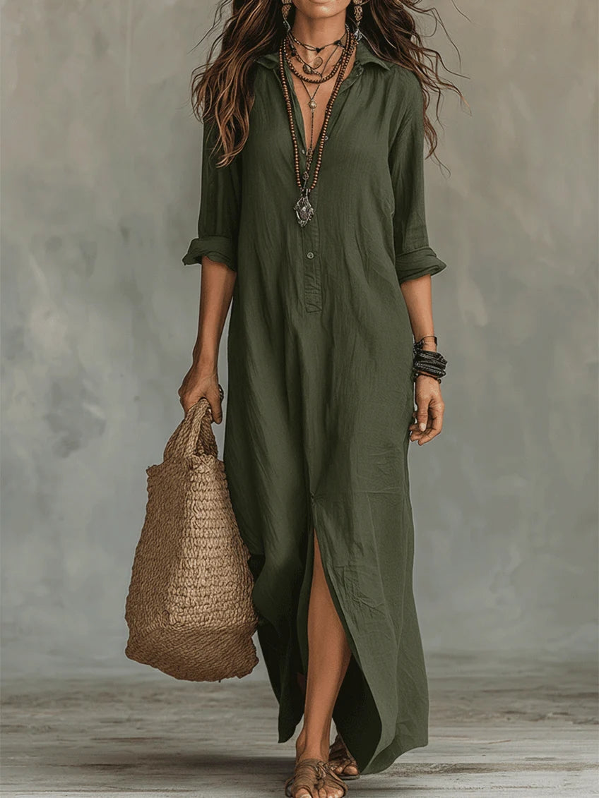 Soline™ | Abito Maxi Nero Oversize con Bottoni