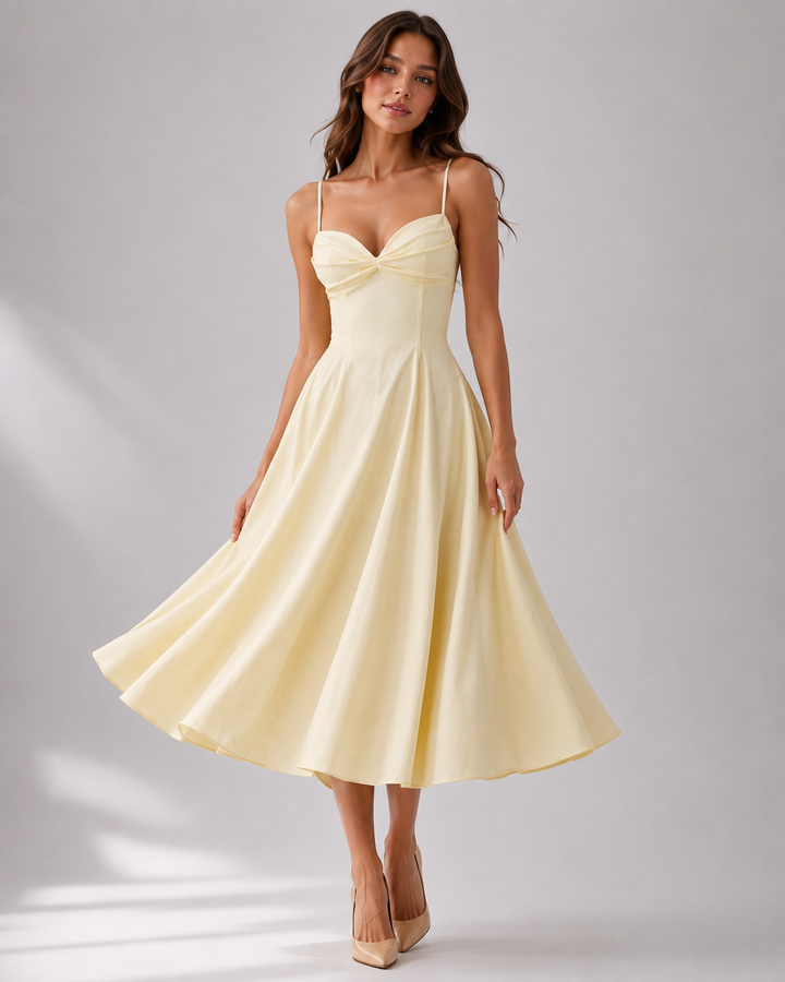 Yellow cotton midi dress with adjustable spaghetti straps and side pockets