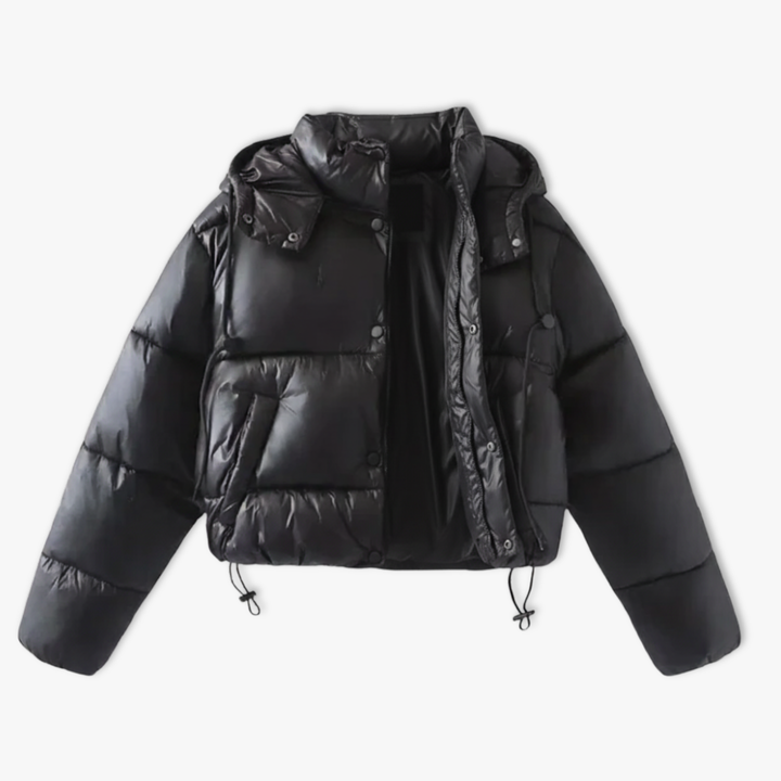 Short hooded cotton jacket with standing neck and side pockets in black