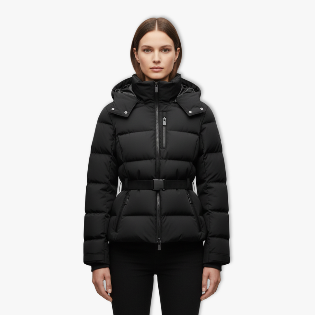 Black belted cotton-padded winter coat with high stand collar and zipper closure