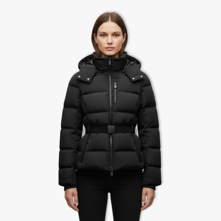 Black belted cotton-padded winter coat with high stand collar and zipper closure