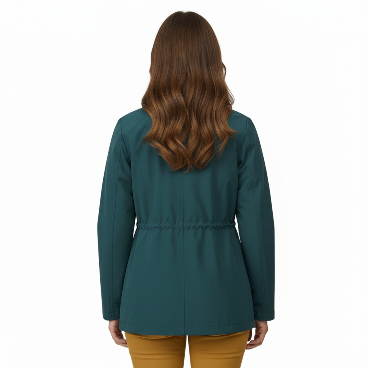 Women's lightweight windbreaker jacket with stand-up collar, front pockets and adjustable waist