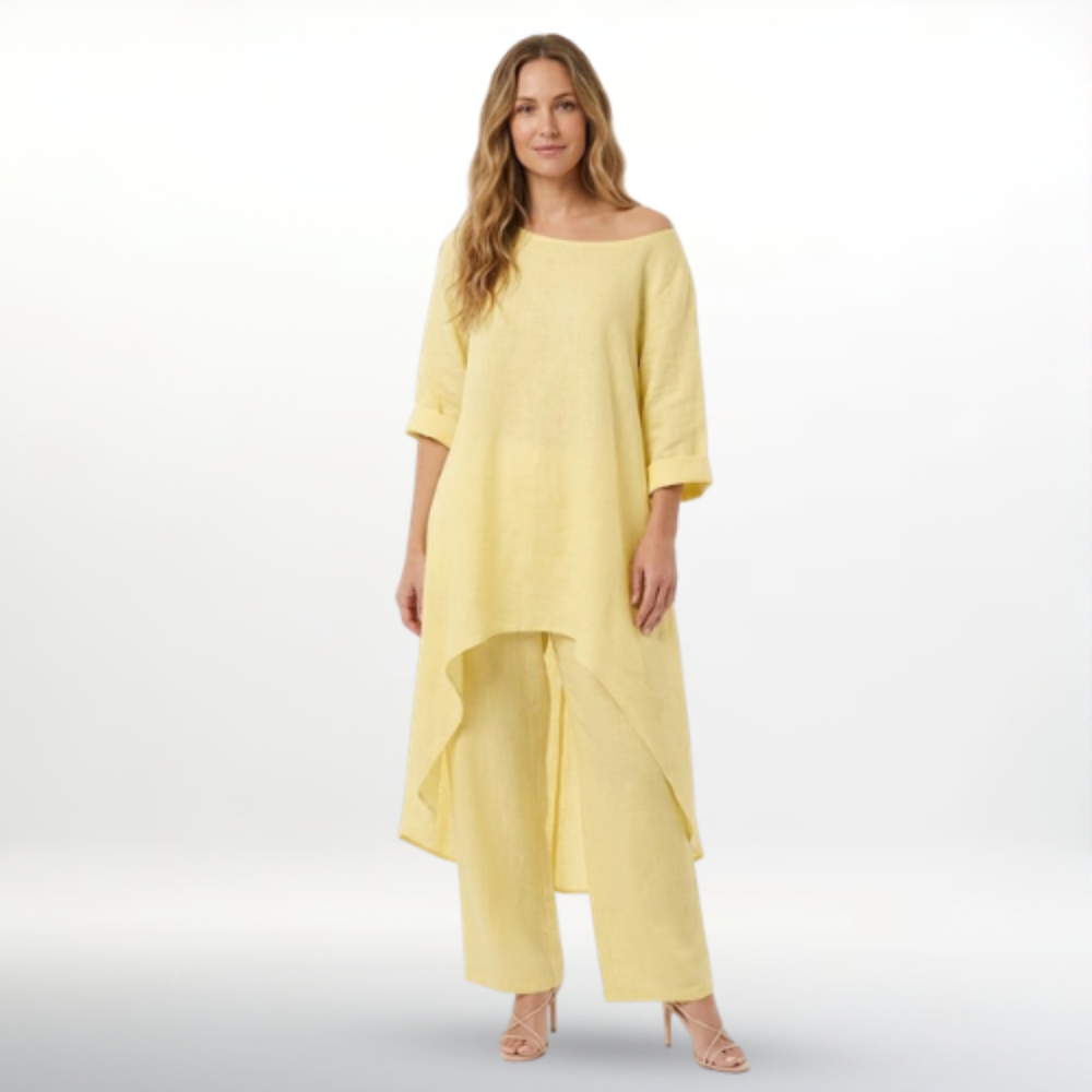 Women's cotton linen two piece set with irregular hem long top and wide-leg pants