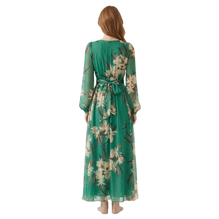 Floral long sleeve V-neck high-waist maxi dress with flowy ankle-length skirt