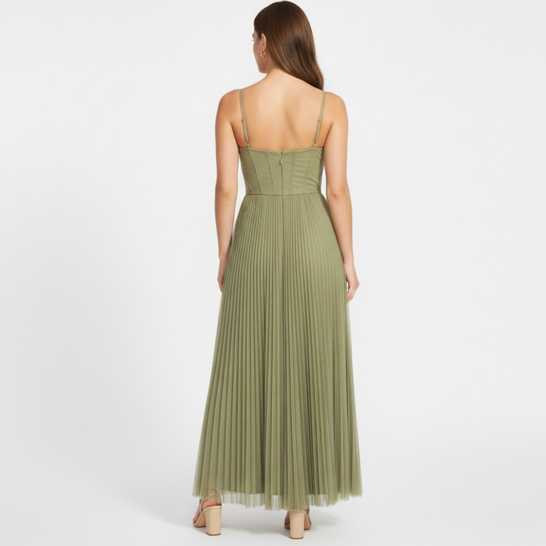 Green strapless pleated A-line maxi dress with square neckline and long flowing skirt