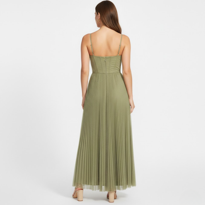 Green strapless pleated A-line maxi dress with square neckline and long flowing skirt