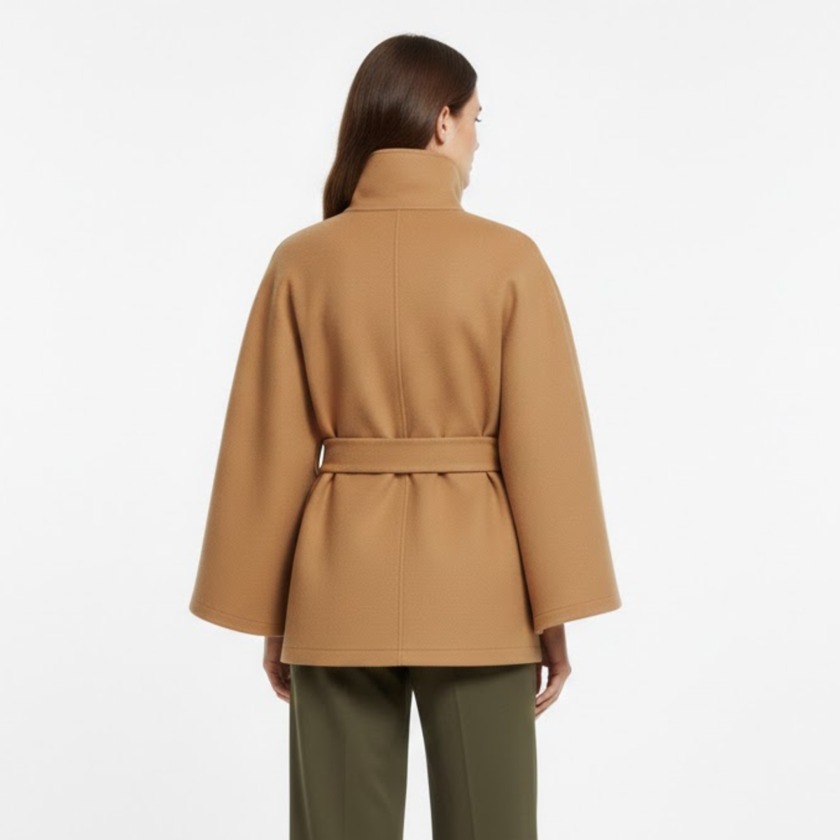 Women's belted cape coat with funnel neck, cape-style sleeves and button details