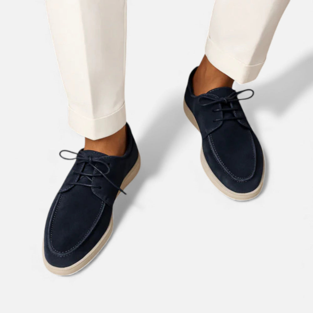 Men's suede lace-up shoes in navy and beige with subtle stitching