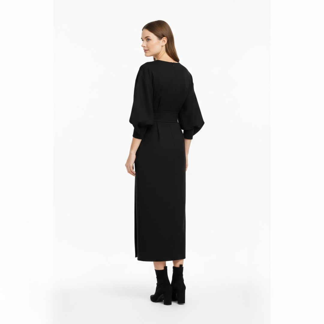 High-waisted A-line wrap midi dress with batwing kimono sleeves and waist tie