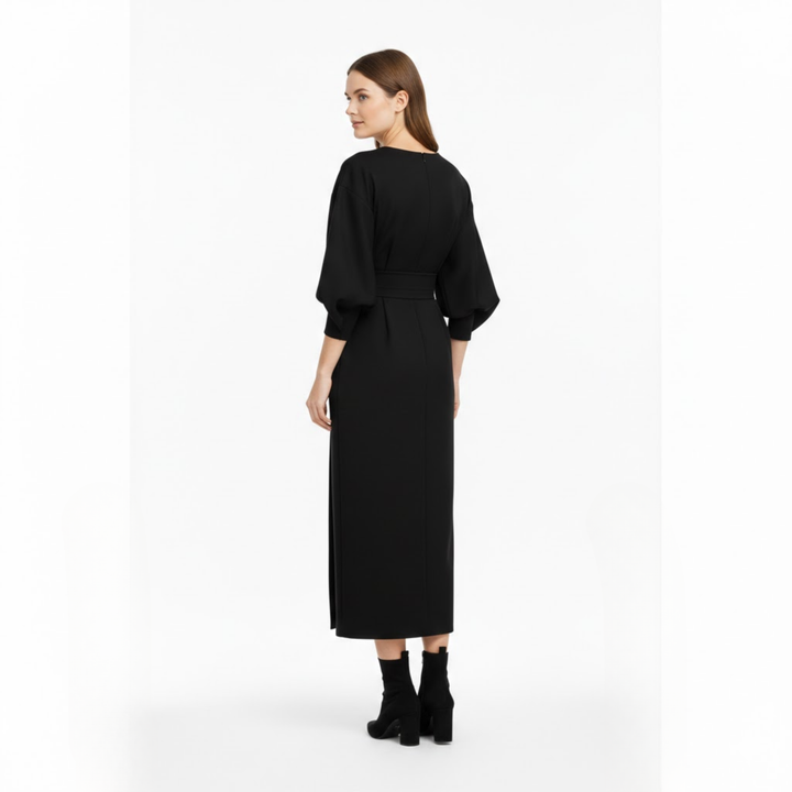 High-waisted A-line wrap midi dress with batwing kimono sleeves and waist tie