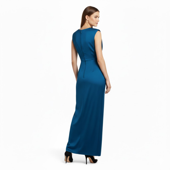 Sleeveless V-neck pleated maxi dress with ruched bodice and high front slit