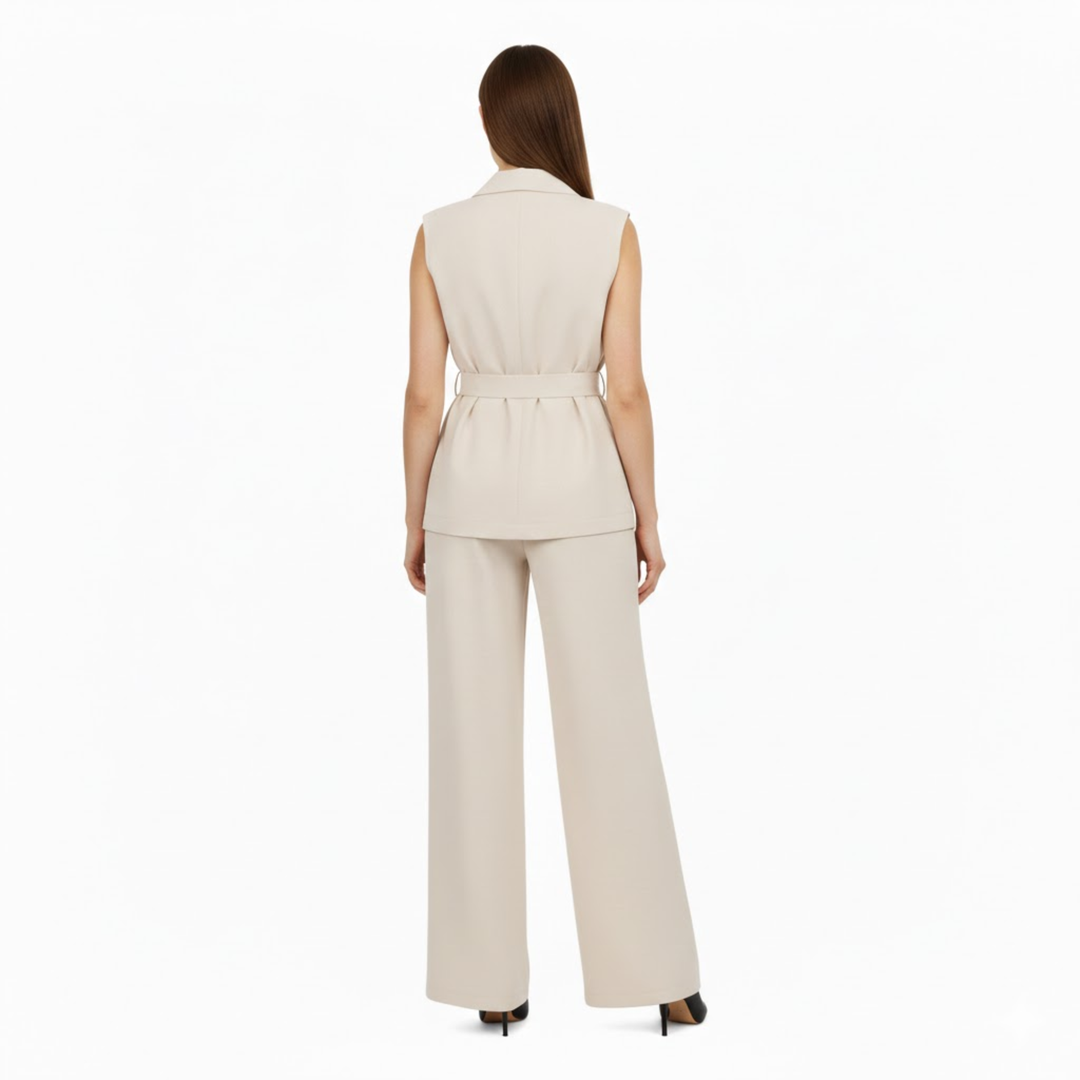 Sleeveless vest and wide-leg pants set with turn-down collar and tie waist belt