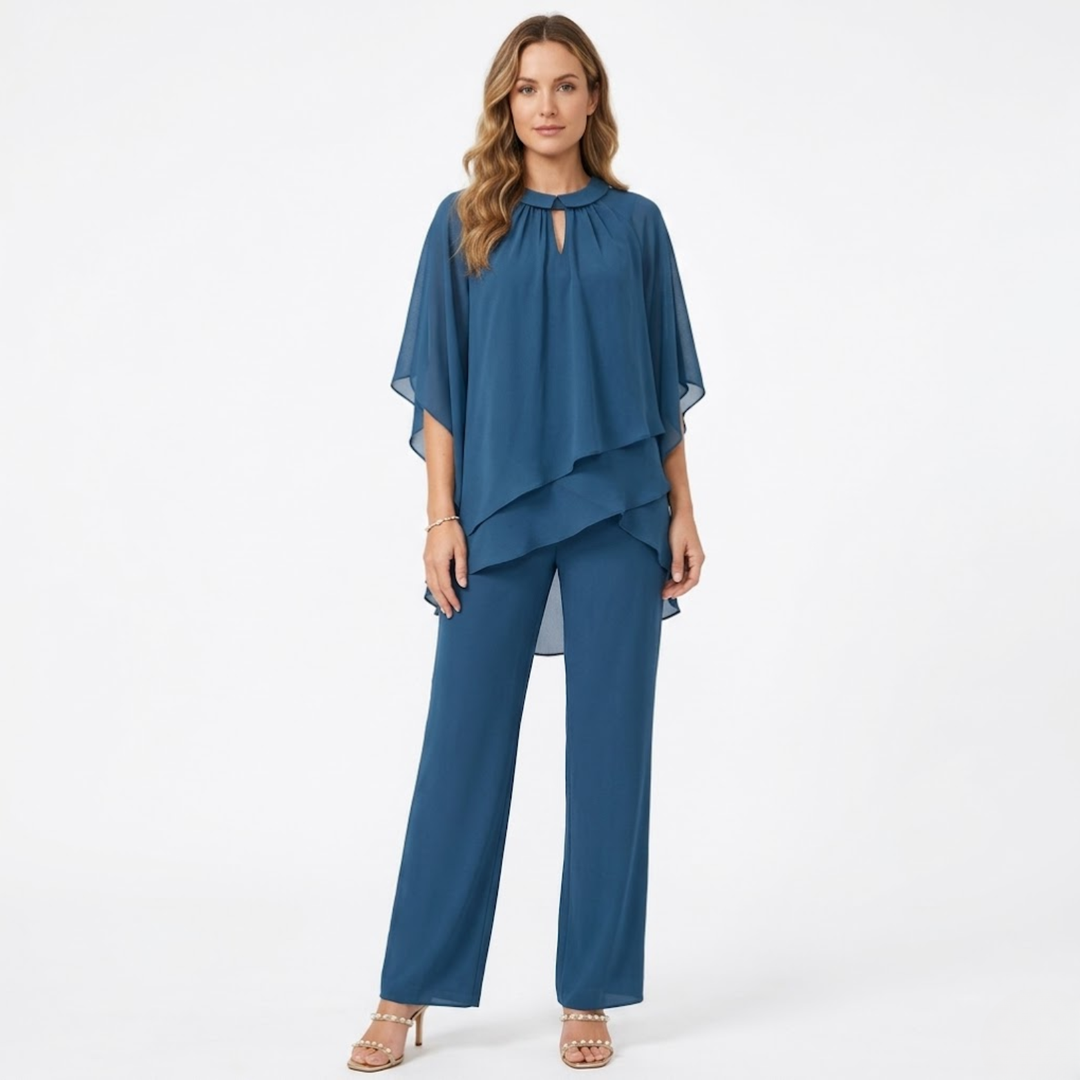 Elegant chiffon two-piece trouser suit with keyhole-detail top and straight-leg trousers