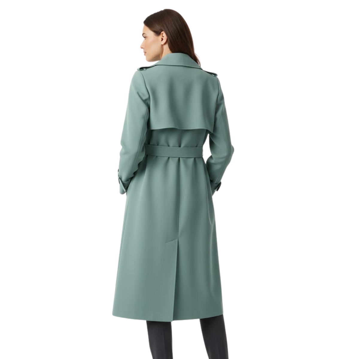 Women's long double-breasted trench coat with turn-down collar and matching waist belt