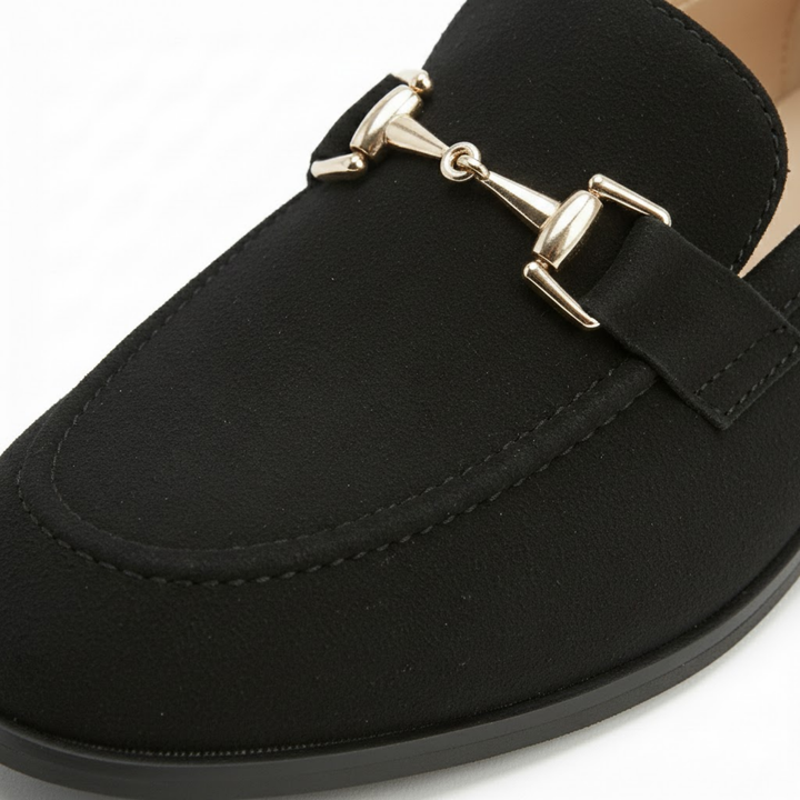 Patent leather pointed-toe dress loafers with gold-tone metal buckle