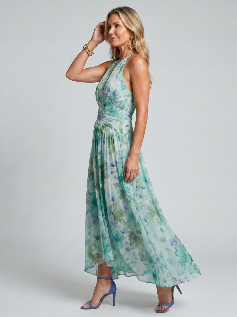 Portia | Abito Midi con Scollo Halter e Motivo Floreale Pieghettato