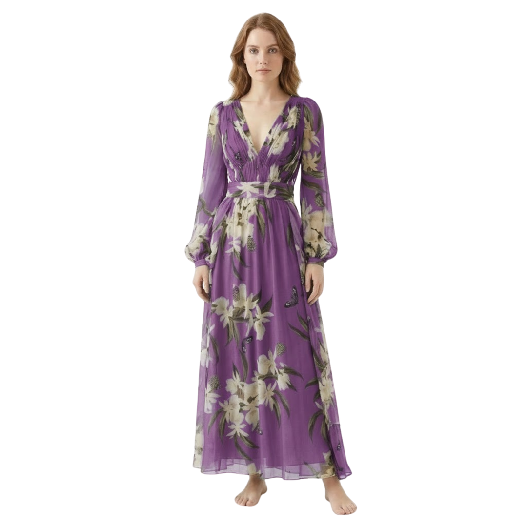 Floral long sleeve V-neck high-waist maxi dress with flowy ankle-length skirt