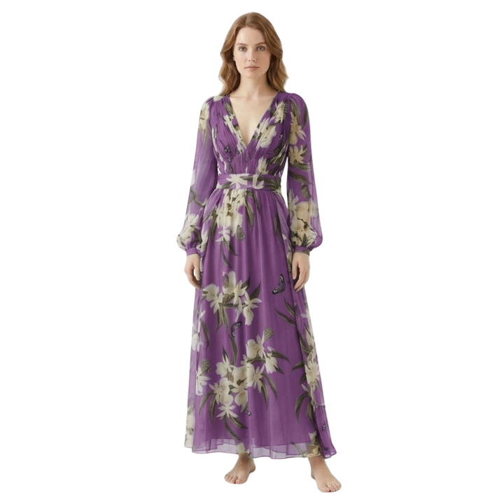 Floral long sleeve V-neck high-waist maxi dress with flowy ankle-length skirt