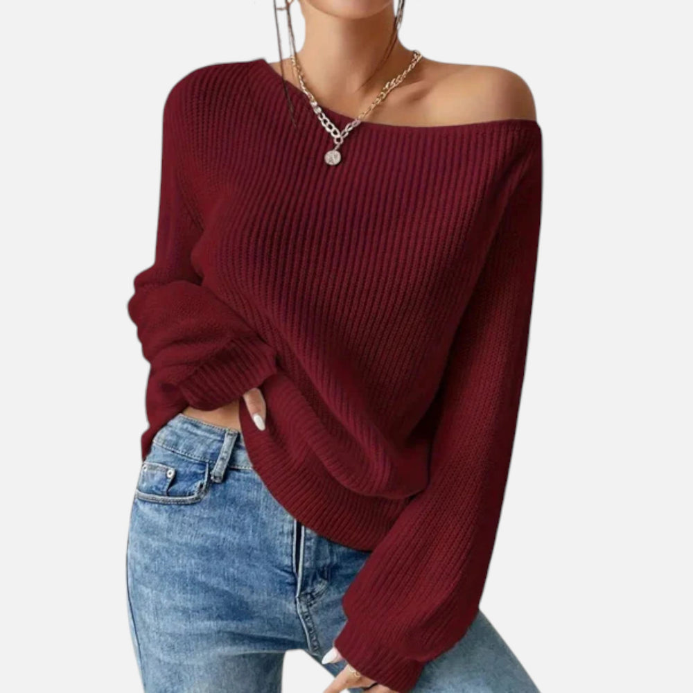 Women's off-shoulder soft knit jumper with ribbed detailing and long sleeves