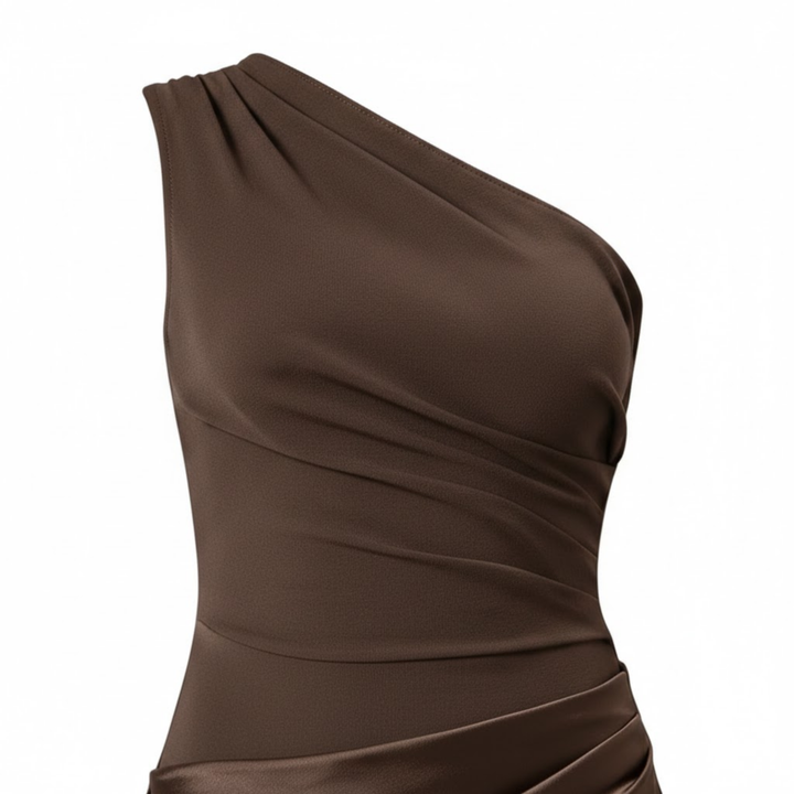 One-shoulder sleeveless satin patchwork maxi gown in a slim floor-length fit