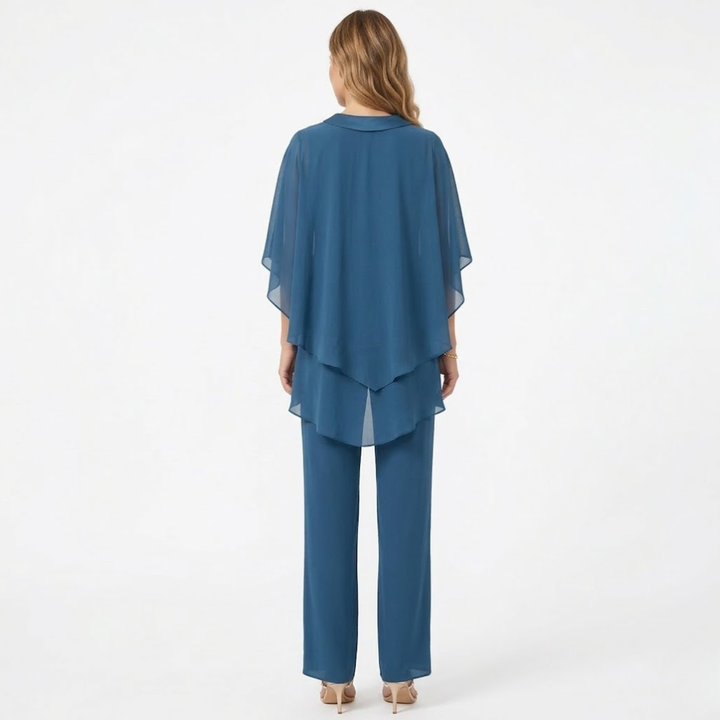 Elegant chiffon two-piece trouser suit with keyhole-detail top and straight-leg trousers