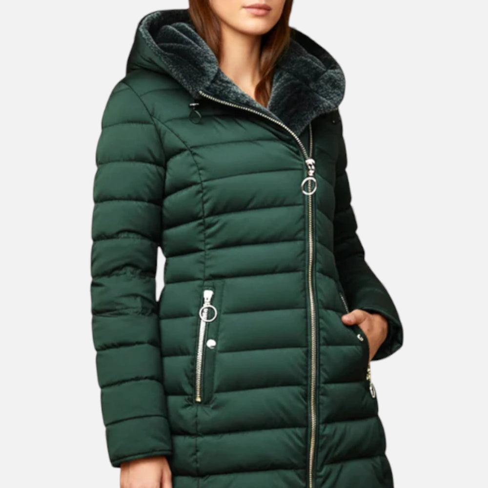 Women's hooded quilted fleece puffer jacket with zip front and side pockets
