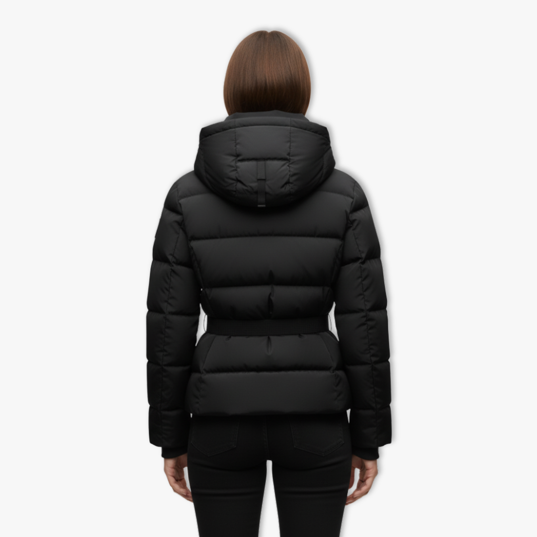 Black belted cotton-padded winter coat with high stand collar and zipper closure