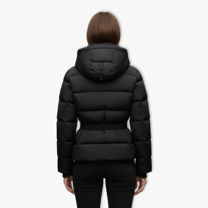 Black belted cotton-padded winter coat with high stand collar and zipper closure