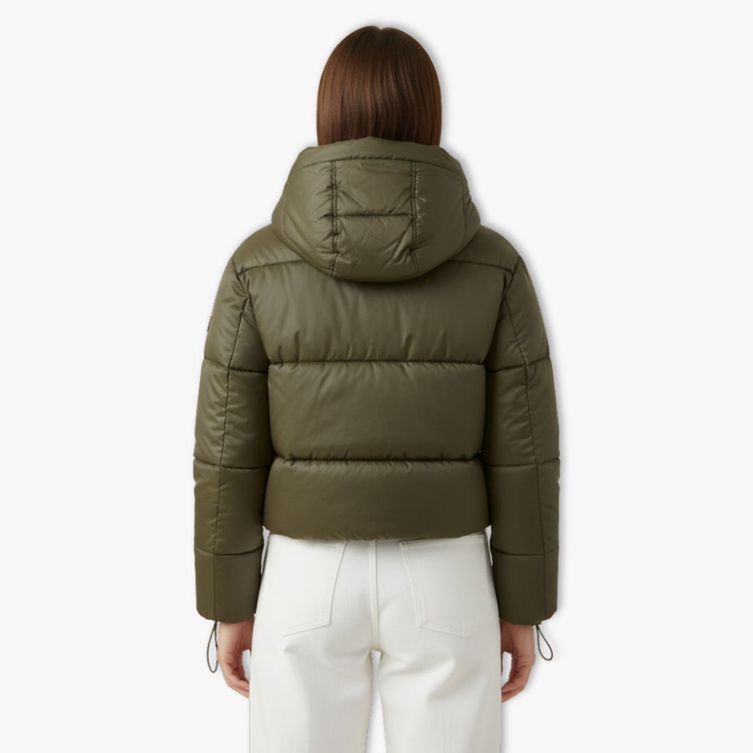 Short hooded cotton jacket with standing neck and side pockets in black