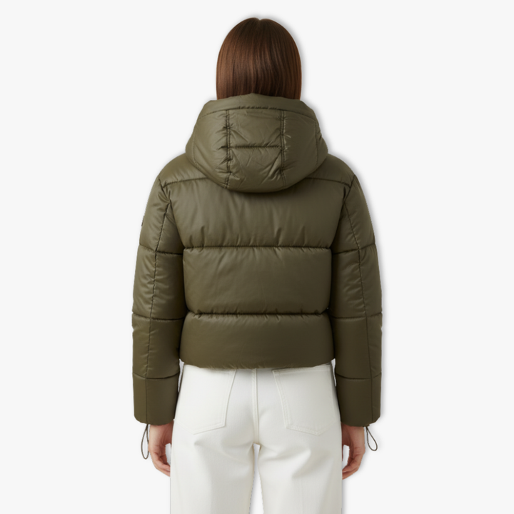 Short hooded cotton jacket with standing neck and side pockets in black