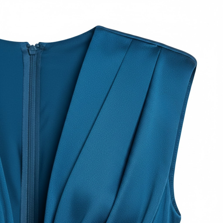 Sleeveless V-neck pleated maxi dress with ruched bodice and high front slit