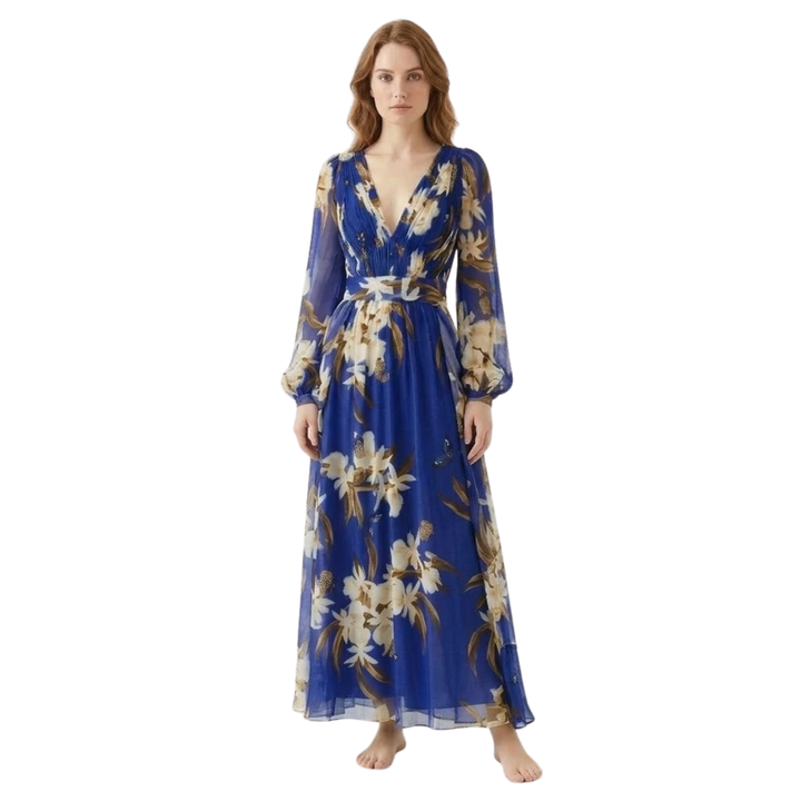 Floral long sleeve V-neck high-waist maxi dress with flowy ankle-length skirt