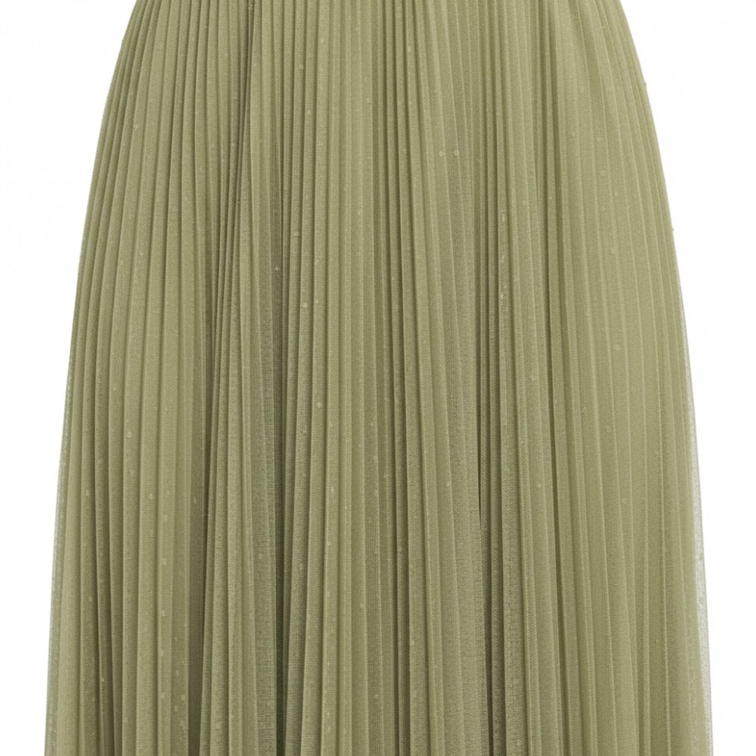 Green strapless pleated A-line maxi dress with square neckline and long flowing skirt
