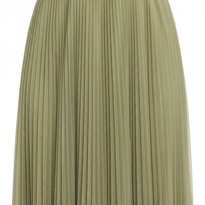 Green strapless pleated A-line maxi dress with square neckline and long flowing skirt