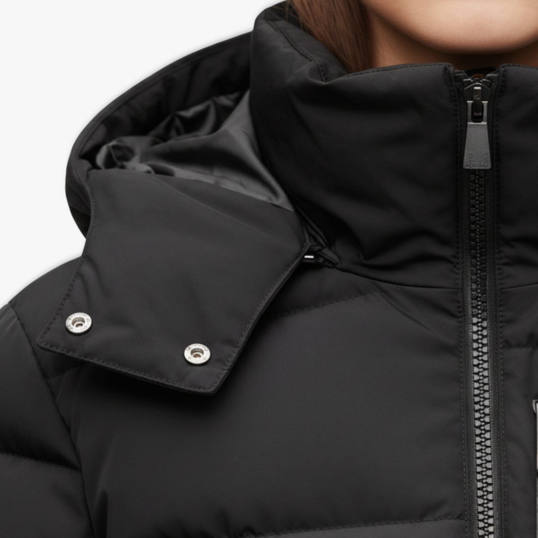 Black belted cotton-padded winter coat with high stand collar and zipper closure