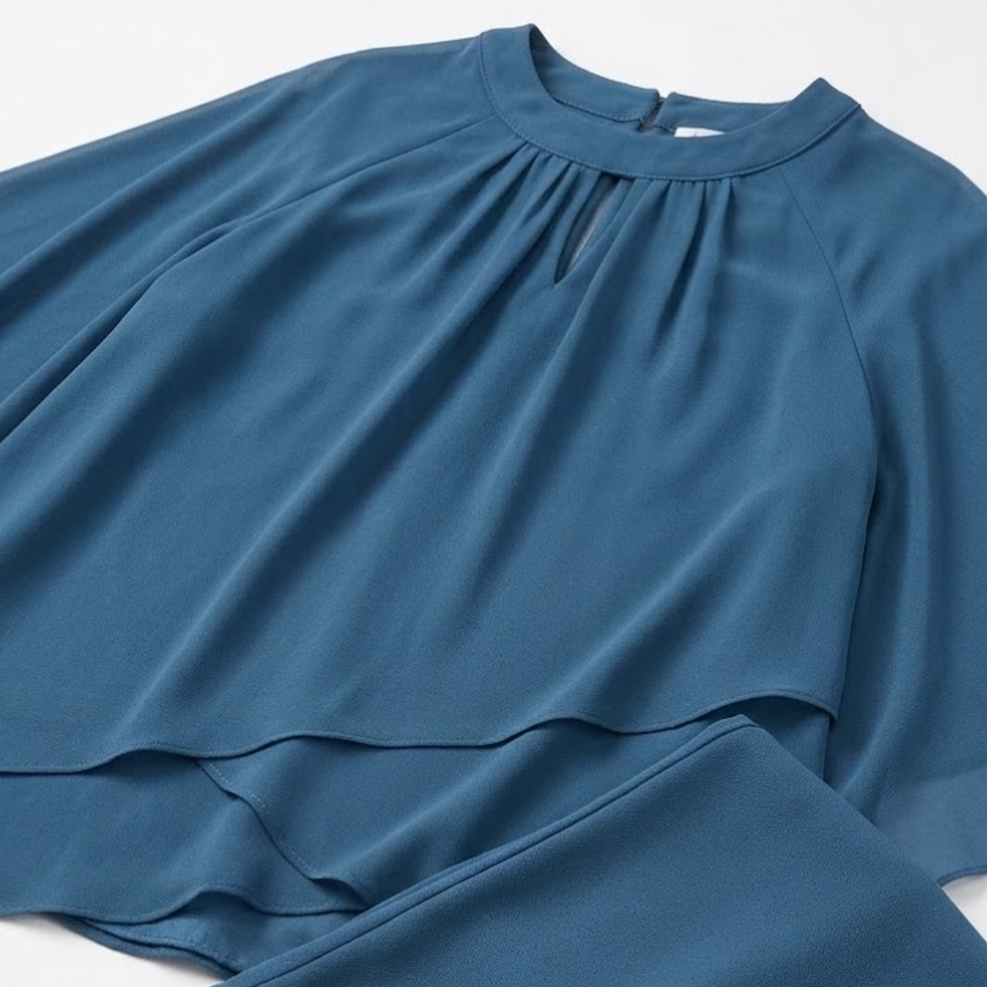 Elegant chiffon two-piece trouser suit with keyhole-detail top and straight-leg trousers