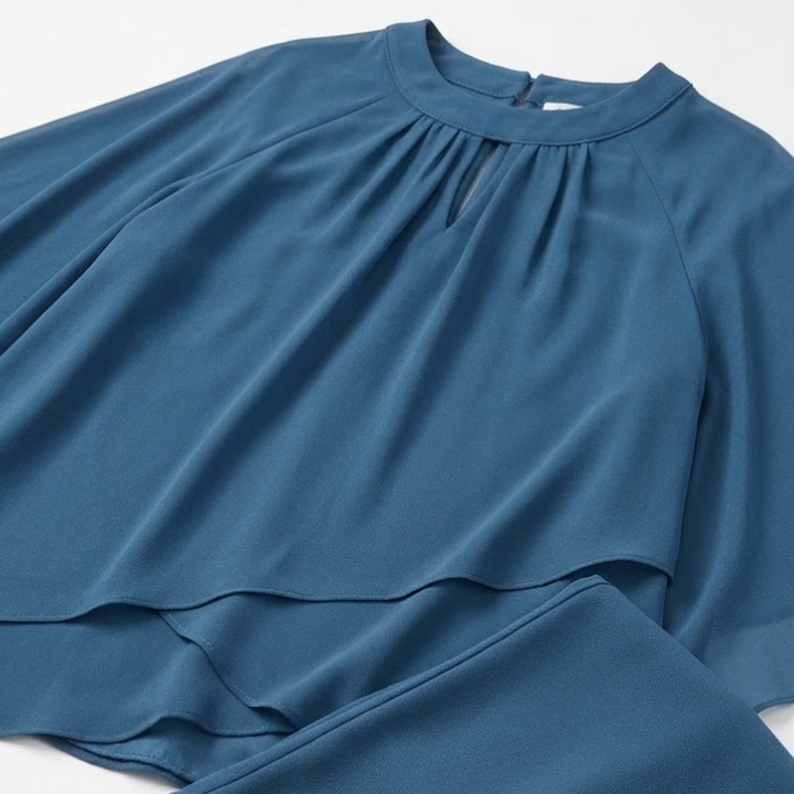 Elegant chiffon two-piece trouser suit with keyhole-detail top and straight-leg trousers