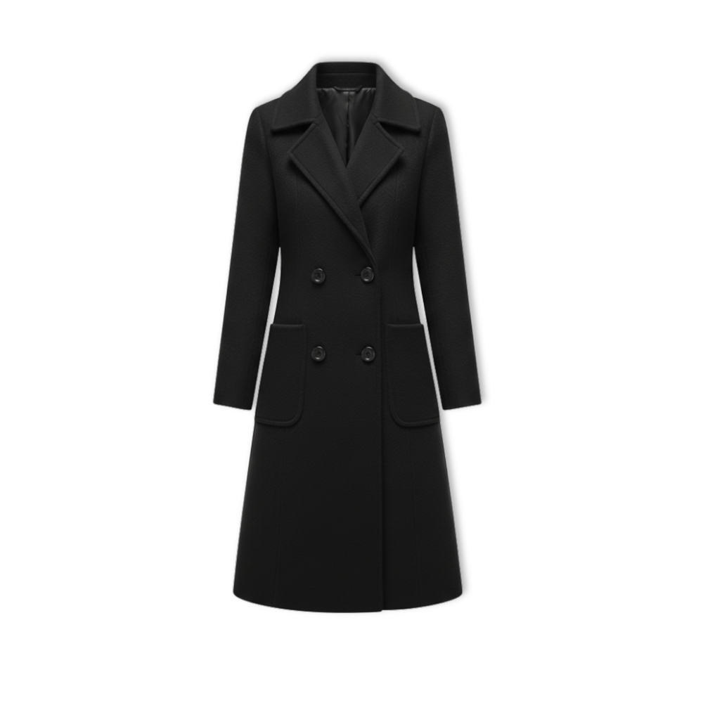Women's long double breasted woolen coat with turn-down collar in a slim-fit silhouette